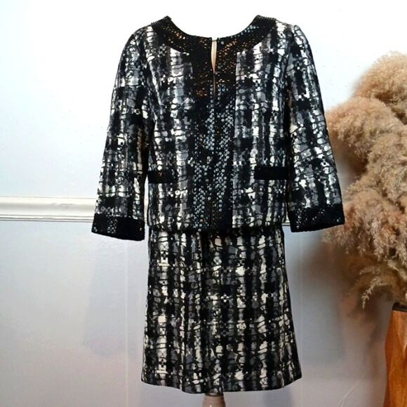 Badgley Mischka black/white tweed, wool,sequin jacket/skirt set size 12 - Picture 1 of 11